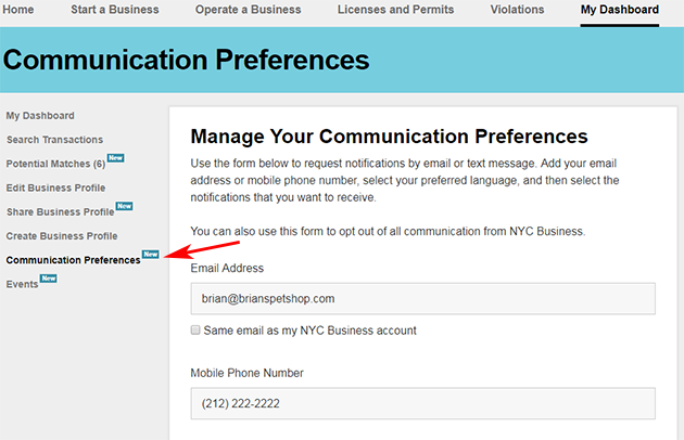 A screenshot of the Communication Preferences page.