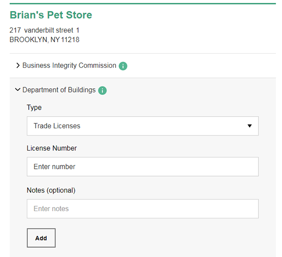 A screenshot from the Connect to Agencies form, showing a Trade License being added to a Business Location.
