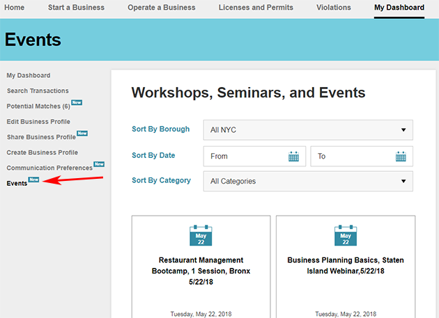 A screenshot of the Events page.