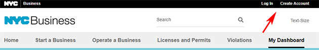 A screenshot with an arrow pointing at the Log In and Create Account links in the top-right corner of the NYC Business website.