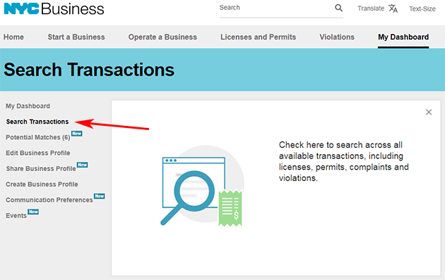A screenshot of the Search Transactions page.