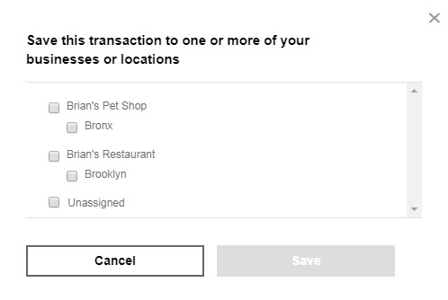 A screenshot of the window for adding transactions to profiles. It has checkboxes for each profile and location on the user's dashboard, with Cancel and Submit buttons.